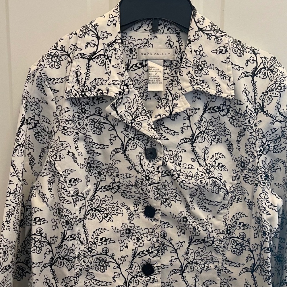 Napa Valley Floral Button Up Jacket White Black Toile Print Size 12 Lagenlook